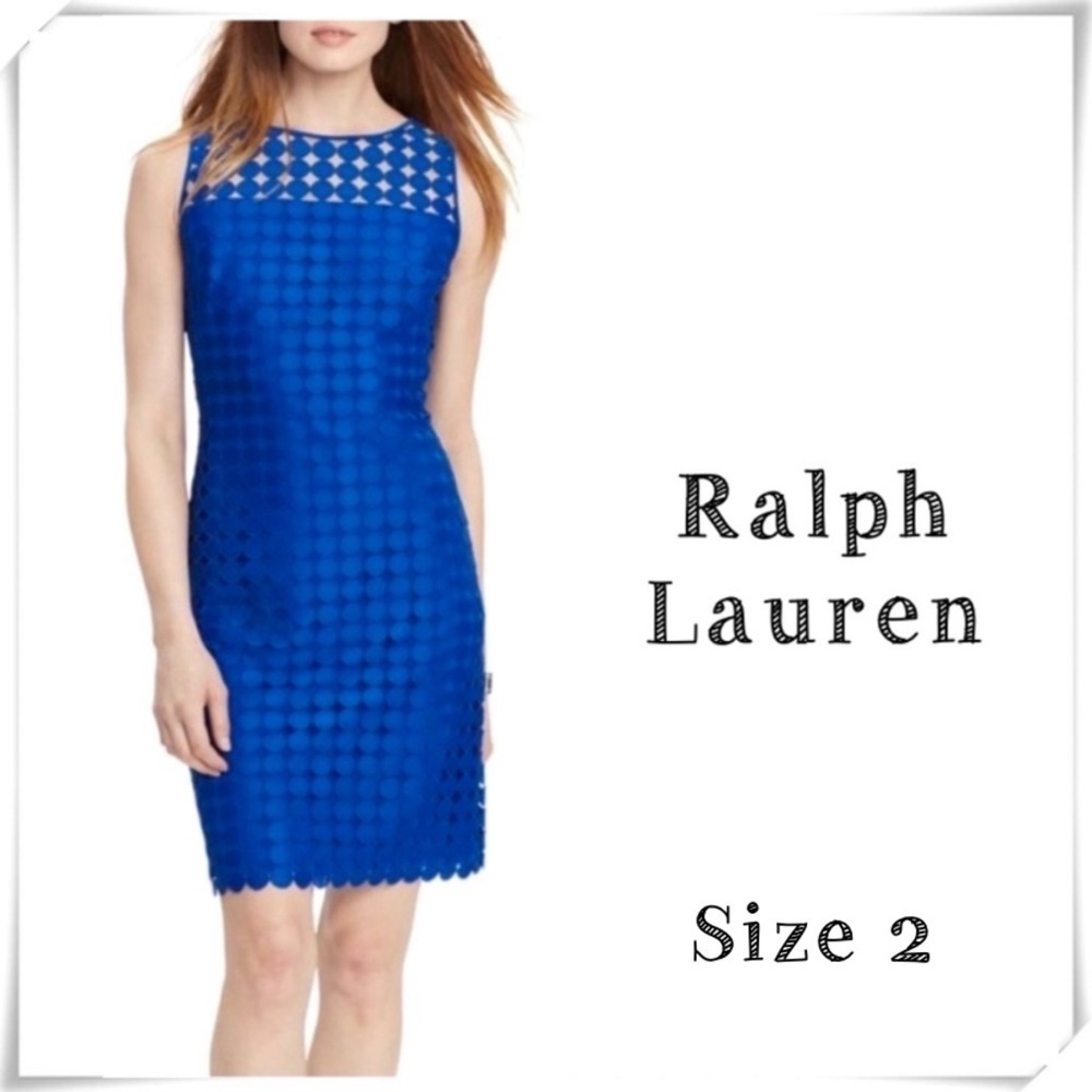 LAUREN Ralph Lauren Melia Polka Dots Eyelet Lace Shift Dress Royal Blue Size 2